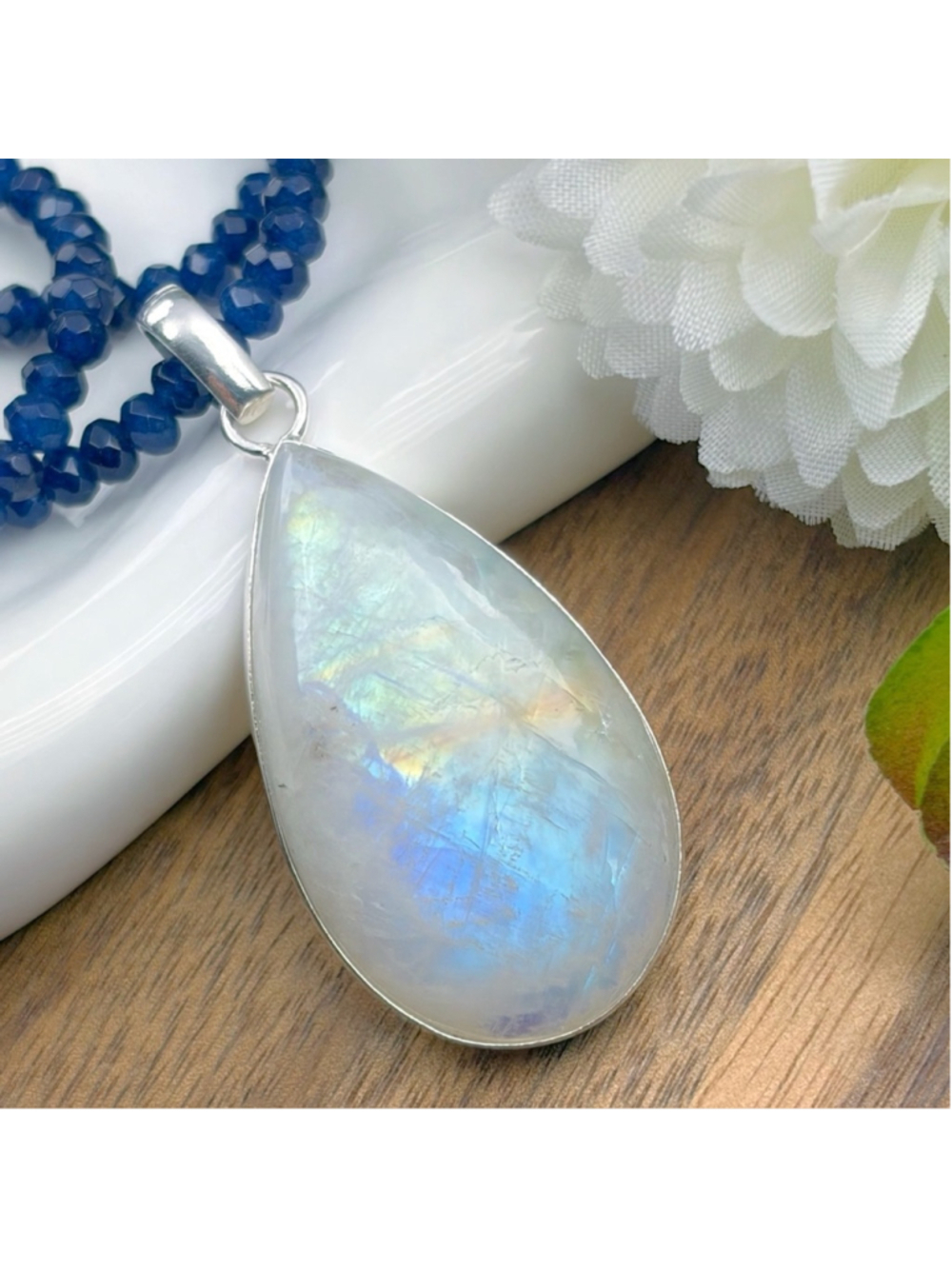 Large Sterling Silver 925 Rainbow Moonstone Pendant Necklace Boho Newa